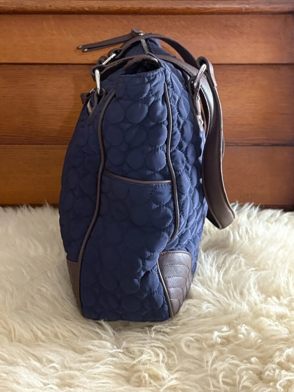 Vera Bradley ‘Wildwood Park’ Navy Quilted Tote with Brown Trim